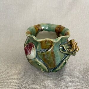 Vintage Planter Vase Majolica Style Bowl Green Frog Flower Lily Pad Leaf Decor